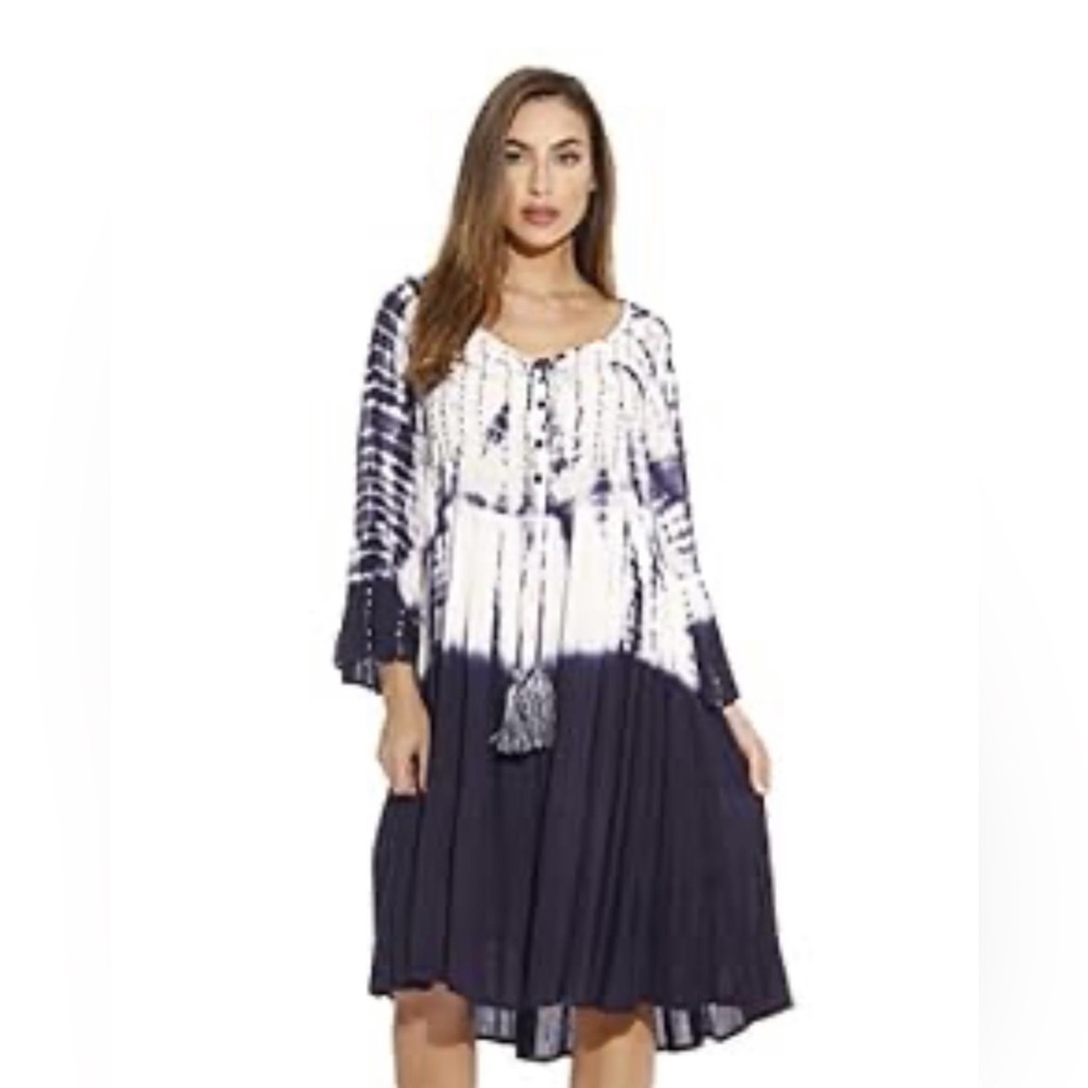 Tie-Dye Boho Midi Dress in White and Navy